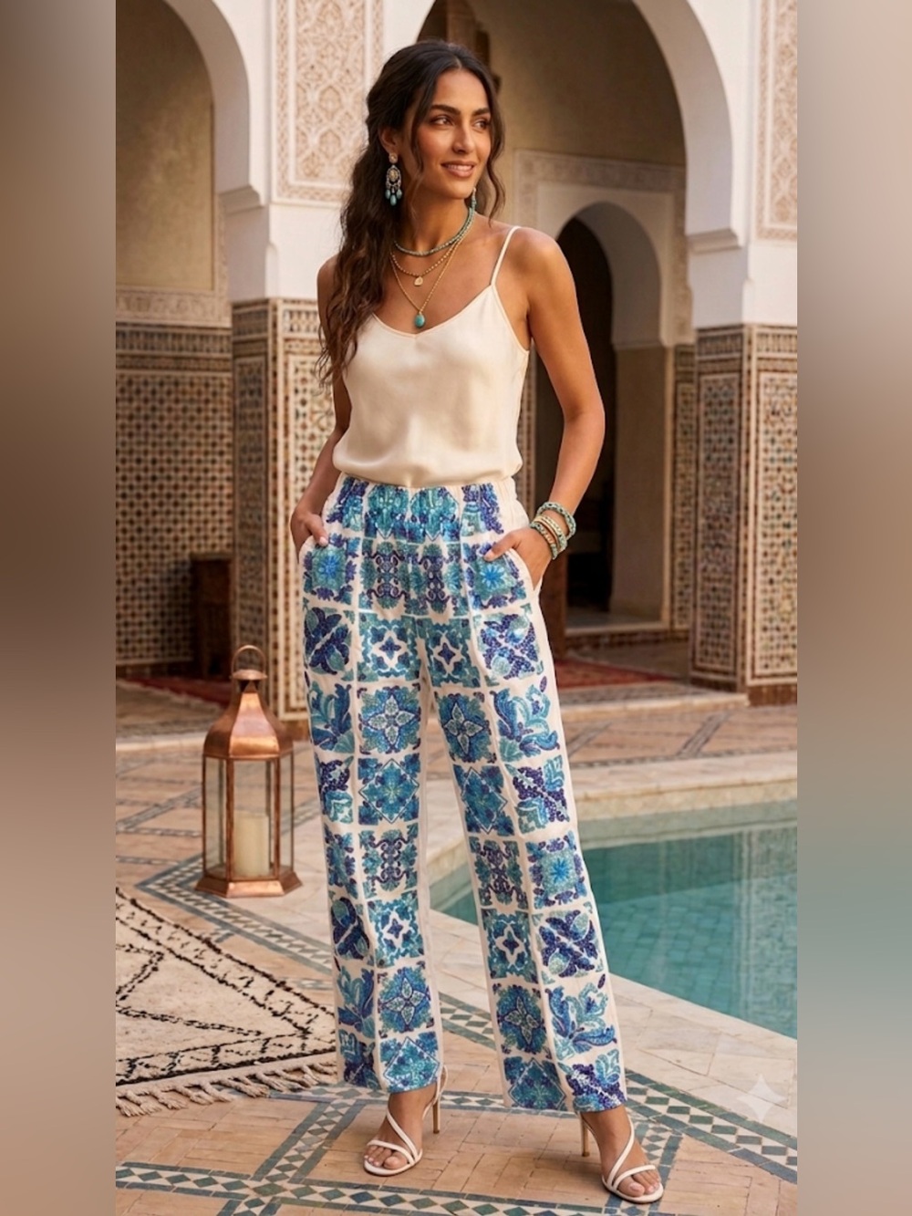 New! QUEEN OF SPARKLES Blue & White Sequin Italian Tile-Wide Leg Pants